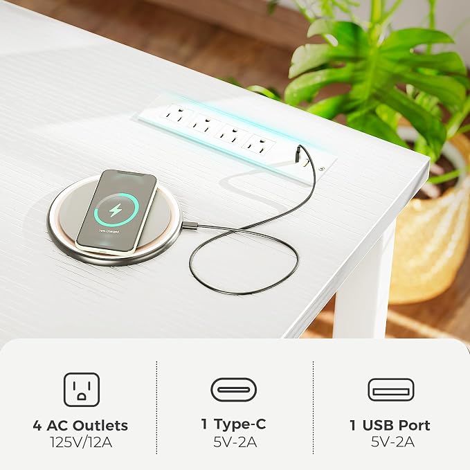 Huuger 55 x 24 inch Desk with Power Outlets & USB-C, Deeper & Thicker Desktop, Robust Metal Tubes, Computer Desk, Heavy Duty Office Desk, Work Gaming Desk for Home Office, White - Image 4