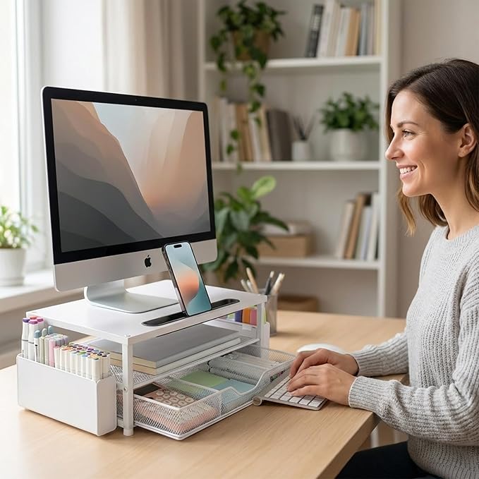 AUPSEN White Monitor Stand Riser, 2-Tier Wood Computer Desk Organizer with Drawer, Pen Storage & Phone Holder, Office Desk Accessories Desktop Organizer for Office Supplies - Image 8