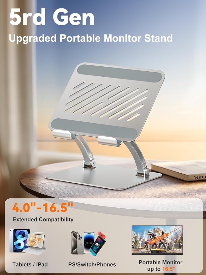 tounee Tablet Holder Stand, Dual Rod Adjustable Aluminum Desktop Stand, Compatible with 4.7-16.9" iPads, Surface Tablets, Portable Monitors, Kindle & More (Silver) - Image 2