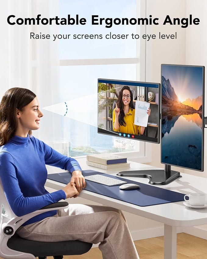 HUANUO 32 inches Dual Monitor Stand up to 17.6lbs per Arm, High-Grade Aluminum Free Standing Dual Monitors Mount for 2 Screens. Fully Adjustable Dual Monitor Stand for Desk with Tilt, Swivel, Rotation - Image 7