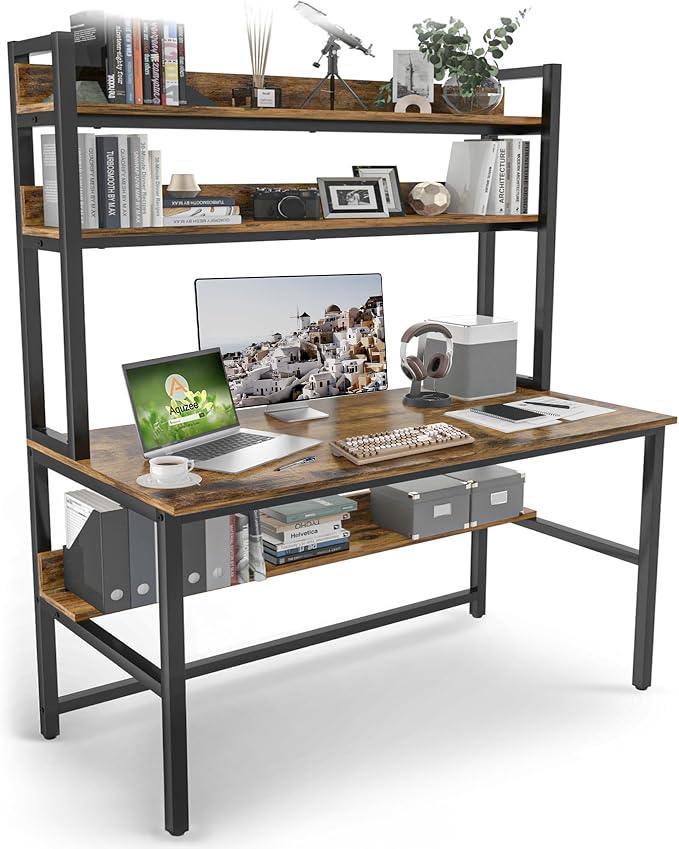 Aquzee Computer Desk with Hutch Bookshelves, 55 Inch Home Office Writing Desk with Space Saving Design, Gaming Table Organized Desk with Storage Shelves Bookshelf Easy Assemble, Rustic Brown by Aquzee