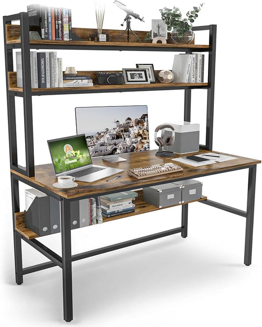 Aquzee Computer Desk with Hutch Bookshelves, 55 Inch Home Office Writing Desk with Space Saving Design, Gaming Table Organized Desk with Storage Shelves Bookshelf Easy Assemble, Rustic Brown by Aquzee