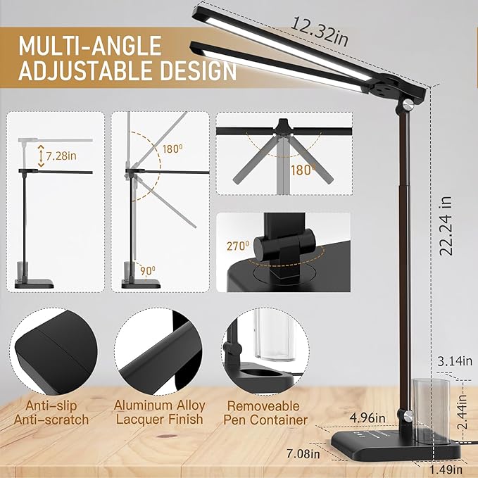 Retractable Dimmable LED Desk Lamp with USB Charging Port Desk Light | Height Adjustable 50 Lighting Modes Dual Swing Arm Architect Adjustable Table Lamp Light for Home Office Dorm Nail, Black - Image 6