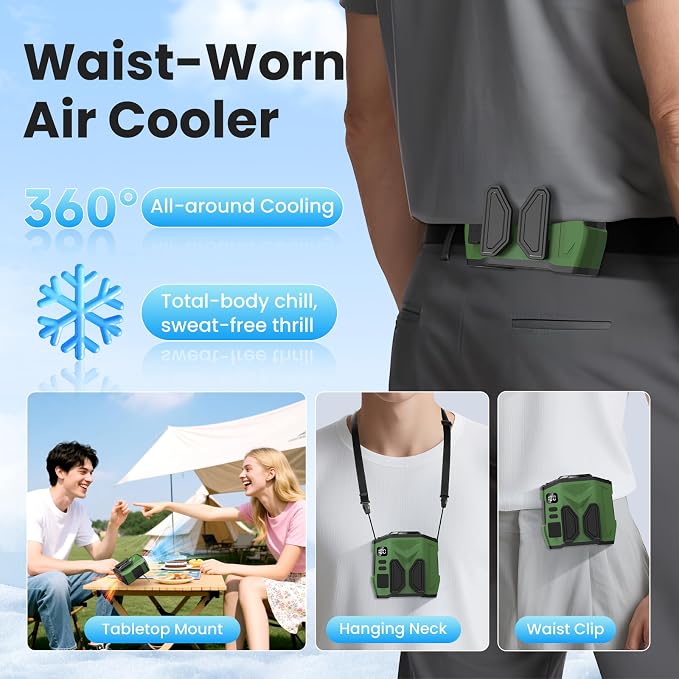 Portable Personal Waist Fan Rechargeable, 10000mAh 5 Speeds 13500RPM Strong Airflow, LED Light & 30H Runtime, Hands-Free Shirt/Belt/Neck Clip on Fan for Camping, Work, Outdoor, Travel - Image 2