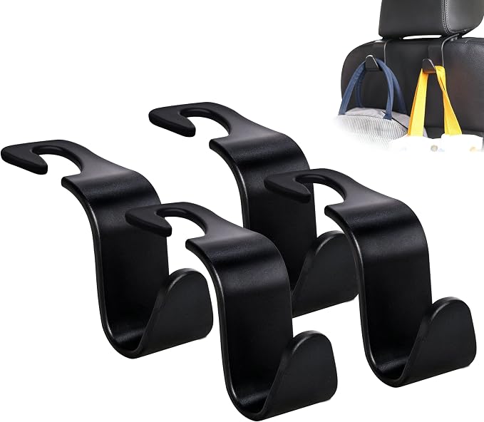 Amooca 4-Pack Car Headrest Hooks –Holds 55lbs Vehicle Storage Organizer for Purses Handbags Groceries Backpack Coats 360° Rotating Black - Image 7