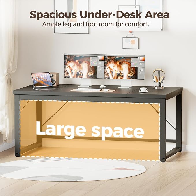 Mericonia 63 Inch Computer Desk, 1" Thick Large Office Table, Black | Modern Simple Style, Heavy Duty Industrial Frame, Large Study & Writing Table for Home Bedroom Work - Image 6