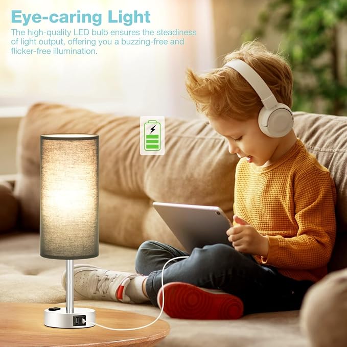 Black Bedroom Table Lamp for Bedside - 3 Way Dimmable Touch Lamp USB C A Charging Ports and AC Outlet, Small Desk Lamp for Nightstand for Living Room with Silver Base, Office Desk, LED Bulb Included - Image 4