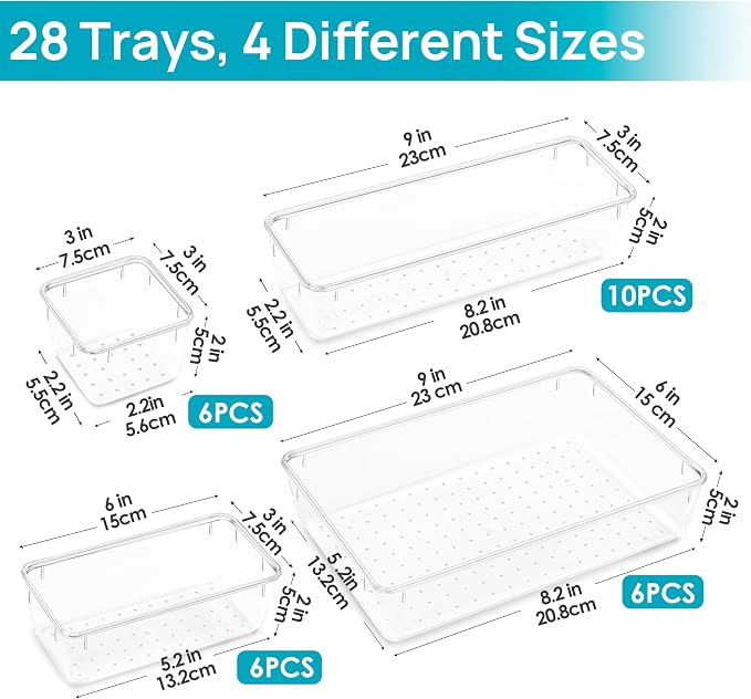Vtopmart 28 PCS Clear Plastic Drawer Organizers Set, 4-Size Bathroom and Vanity Drawer Organizer Trays, Acrylic Storage Bins for Toiletries, Makeup, Cosmetic, Kitchen Utensils, Tool, Gadgets - Image 6