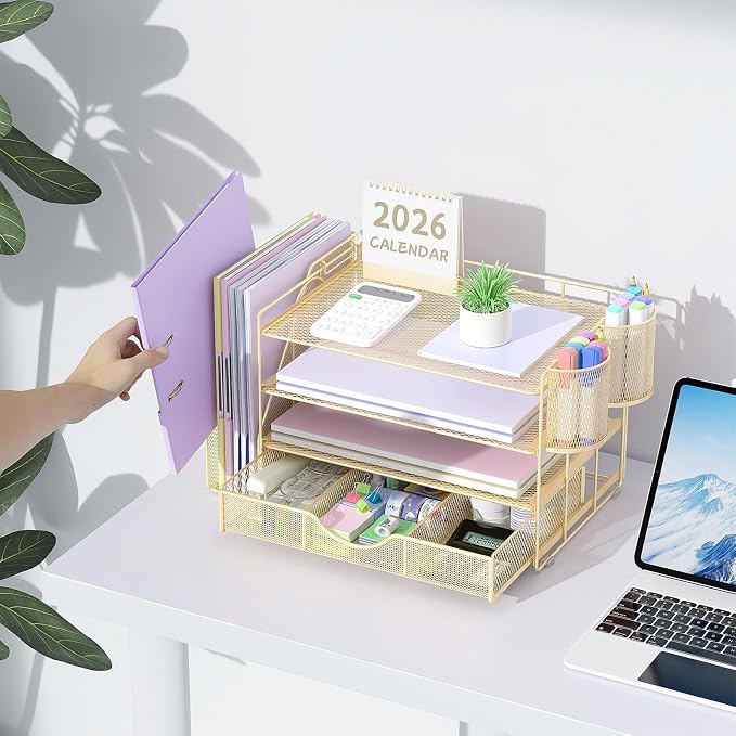 gianotter Desk Organizers and Accessories with File Holder, 4-Tier Desk Accessories & Workspace Organizers with Drawer and 2 Pen Holder, Paper Organizer for Office Supplies(Gold) - Image 6