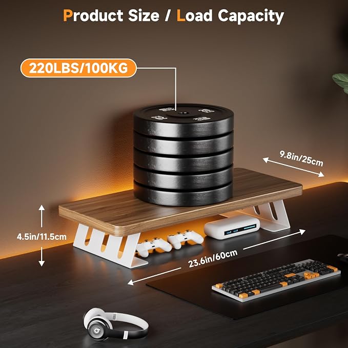 Monitor Stand - 24 Inch Wood Monitor Stand Riser, 220 Pounds Load Capacity Desk Monitor Riser for Laptop/PC/Printer, Desktop Stands Organizer for Home Office - Image 3