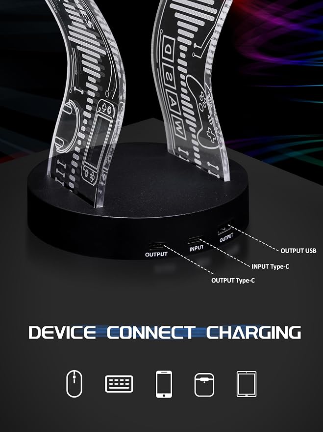 CoolGift Mart Light Up Headphone Stand with 16 Color Lights, Game Pattern Acrylic Headset Stand with 1 USB and 1 Type-C Charging Ports, Gifts for Gamers Men and Music Lovers - Image 6