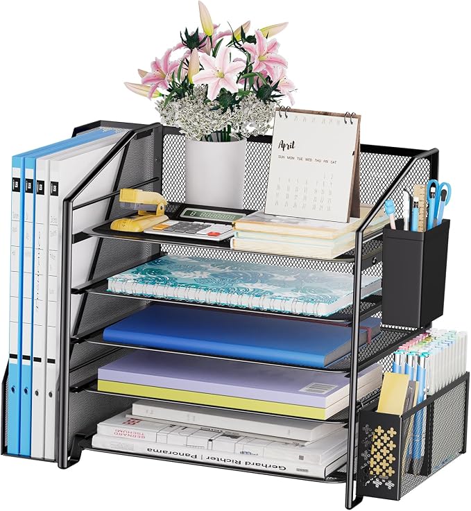 Simple Trending 5-Tier Desk File Organizer, Paper Organizer, Black | Adjustable Letter Trays, Pen Holder & File Shelf, Durable Steel Mesh, Space Saving, for Home Office, 17.5"L x 9"W x 13"H by SimpleTrending