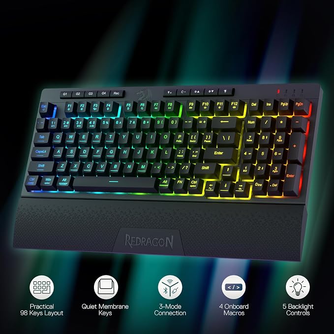 Redragon K515 PRO Shiva RGB Wireless Membrane Gaming Keyboard, 98 Keys Mechanical-Feel Keyboard w/Smooth Linear Switch, On-Board Macro & Multimedia Keys, Detachable Wrist Rest, Software Supported - Image 2