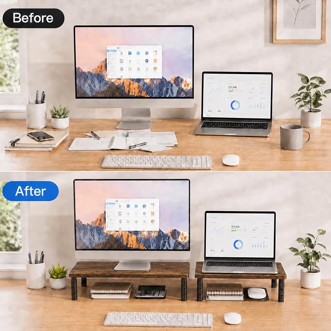 OPNICE Adjustable Monitor Stand Riser for Desk, Computer & Laptop Stand, Desk Organizers and Accessories, Office Desk Accessories & Workspace Organizer for Home Office, Brown Wood 2-Pack - Image 3