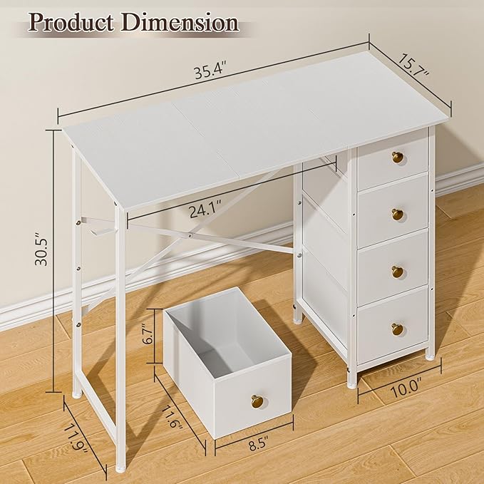 Small White Desk with Drawers for Bedroom, 35.4 Inch Kids Girls Teens Student Writing Desk with Storage, Reversible Study Table, White Computer Desk for Home Office, Makeup Vanity Desk for Small Space - Image 2