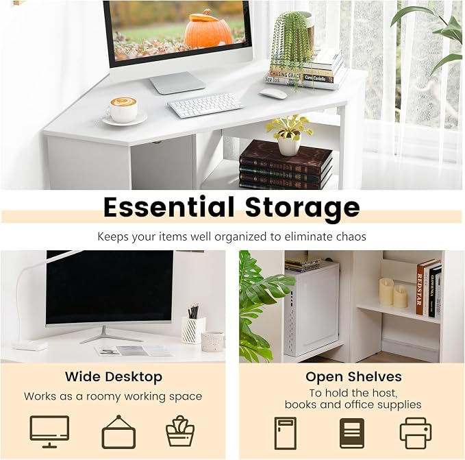 GOFLAME Corner Desk with Storage Shelves, Triangular Computer Desk with Cable Management Holes, Laptop Workstation for Small Space, Makeup Vanity Desk for Living Room, Study, White - Image 7