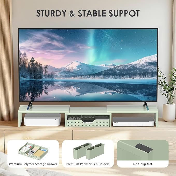 OPNICE Desk Organizers and Accessories, Dual Monitor Stand Riser with Drawer and 2 Pen Holders, Desk Shelf Metal Computer Monitor Stand for Office Workspace Organizers, Desktop Organization (Green Metal) - Image 8