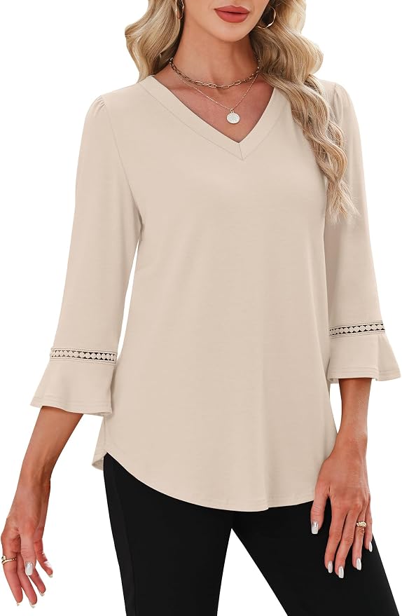 WIHOLL Womens Blouses Dressy Casual 3/4 Length Sleeve Tops Lace Trendy 2026 Spring Summer V Neck Shirts Vacation Outfits - Image 3
