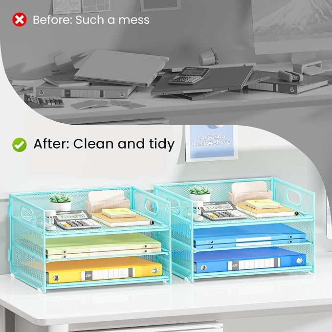 Subekyu 2-Pack 3-Tier Blue Metal Mesh Desk Paper Letter Tray & File Sorter Organizer with Handle + 1 Sliding Tray for Desk, Home, Office, School Supplies, A4 Paper and Accessories Storage - Image 2