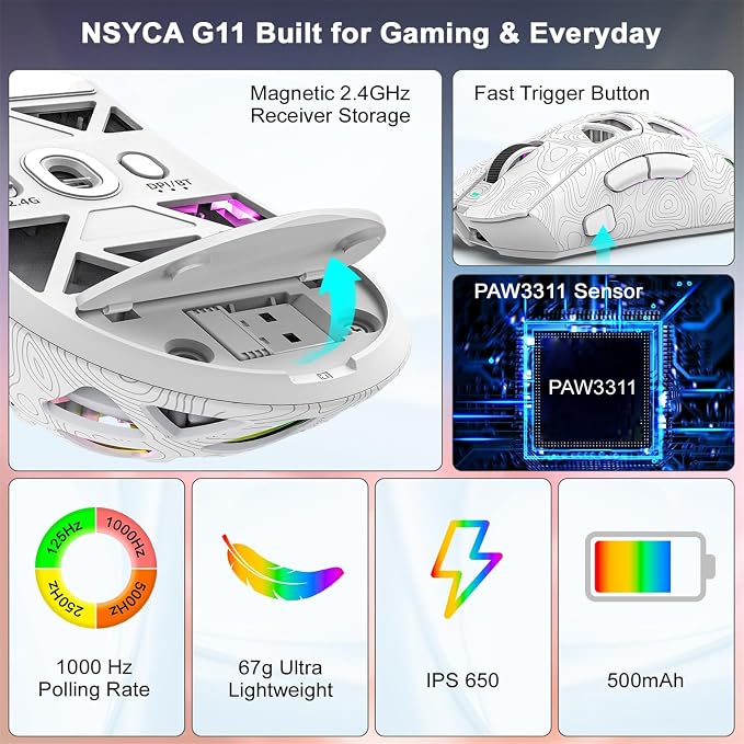G11 RGB Wireless Gaming Mouse for Gaming Setup & Multi-Device Use, Tri-Mode Bluetooth 5.1/2.4GHz/USB-C, 22000 DPI Lightweight Programmable Mouse for PC, Laptop & Mac - Image 6