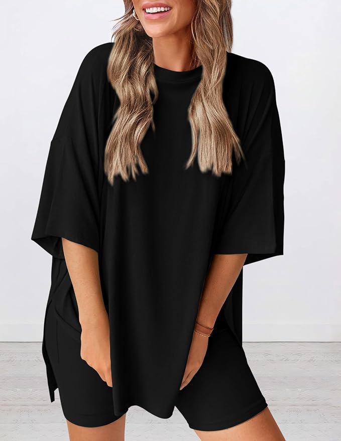 PRETTYGARDEN Women 2 Piece Lounge Set 2026 Summer Casual Oversized Shirts Biker Shorts Matching Airport Travel Outfit Clothes - Image 3