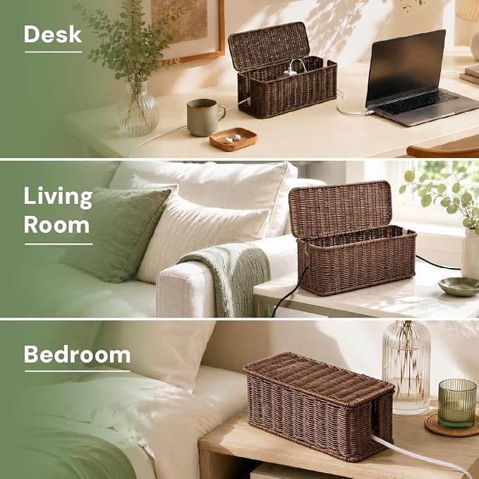 Cable Management Box, Handmade Rattan Cable Organizer with 2 Open Slots, Cord Hider for Power Strip, Router & USB Hub, Registered U.S. Design Patent (D1,112,102), 13" x 5.1" x 5.1", Brown - Image 7