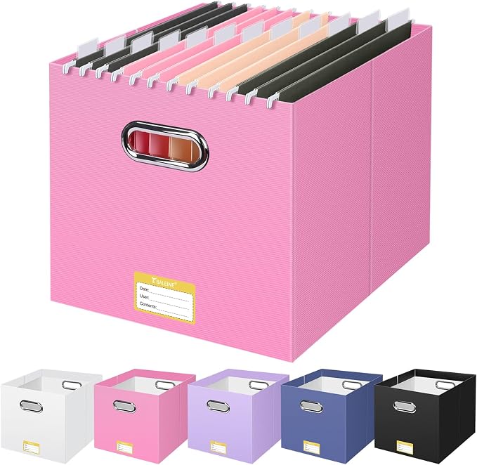 BALEINE File Organizer Box, Cardboard File Folder Organizer with Handle for Letter Size, Portable Collapsible Hanging Filing Box for Home Office Document Storage (1 Pack, Large Pink) by BALEINE