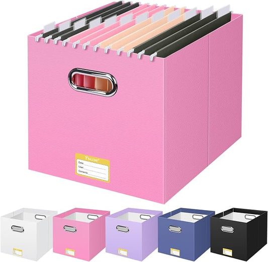 BALEINE File Organizer Box, Cardboard File Folder Organizer with Handle for Letter Size, Portable Collapsible Hanging Filing Box for Home Office Document Storage (1 Pack, Large Pink) by BALEINE