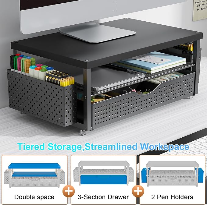 gianotter Desk Organizers and Accessories, Monitor Stand with Drawer and 2 Pen Holder, Desktop Organizer Suitable for Offices and Dormitories (Black-Plain) - Image 5