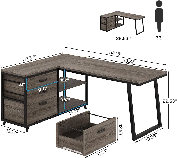 Tribesigns L-Shaped Desk with 3 Drawers, Reversible Corner Home Office Computer Desk with Shelves, 53-Inch Industrial PC Desk Study Writing Table Workstation for Small Space, Grey - Image 2