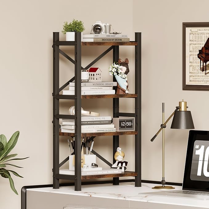 Desktop Bookshelf, 4-Tier Stackable Narrow Bookcase, Adjustable Industrial Desk Organizer & Hutch - Rustic Brown Wood Desktop Book Organizer for Living Room, Bedroom & Home Office - Image 2