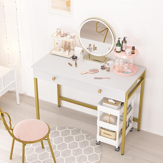 Weehom Computer Desk with Drawers, Home Office Workstation, White Gold | Sturdy and spacious workstation for writing, studying and gaming, Suitable for PC and laptop use - Image 5