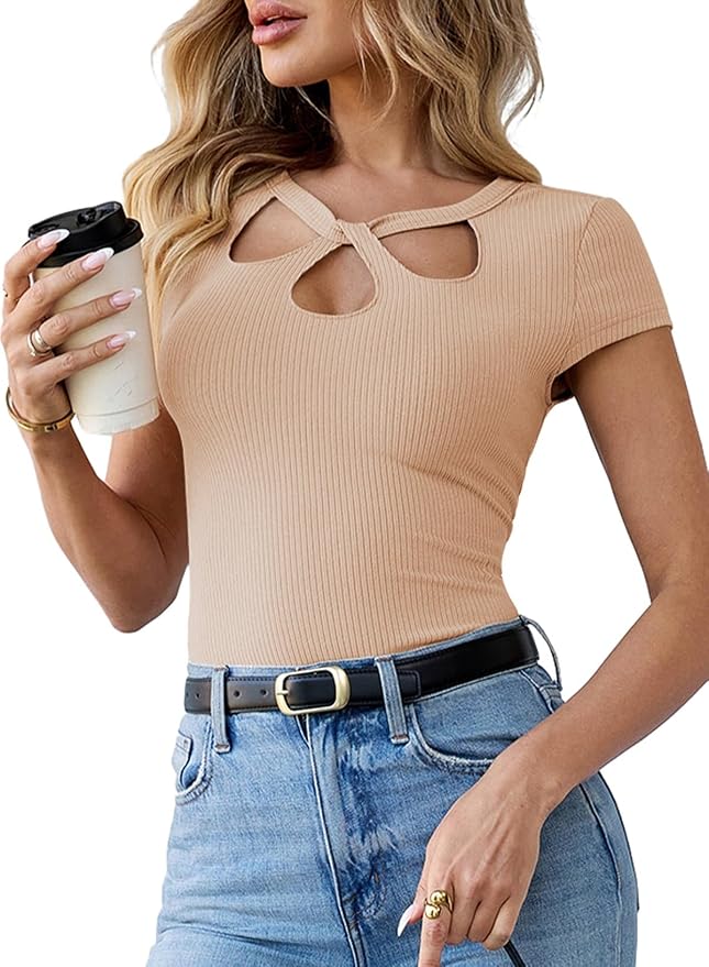 Pink Queen Sexy Tops for Women Cutout Keyhole Neck Cap Sleeve Shirts Casual Summer Clothes 2026 Fashion - Image 2