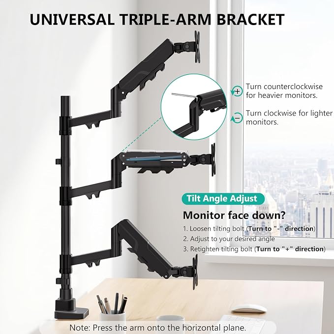 WALI Triple Monitor Mount for up to 49 inch Ultrawides on Top Bracket and 34 inch Screens on Side Brackets, Tall Triple Monitor Stand for Desk, Heavy Duty Monitor Arm up to 33 lbs (GSDM003XLN), Black - Image 6