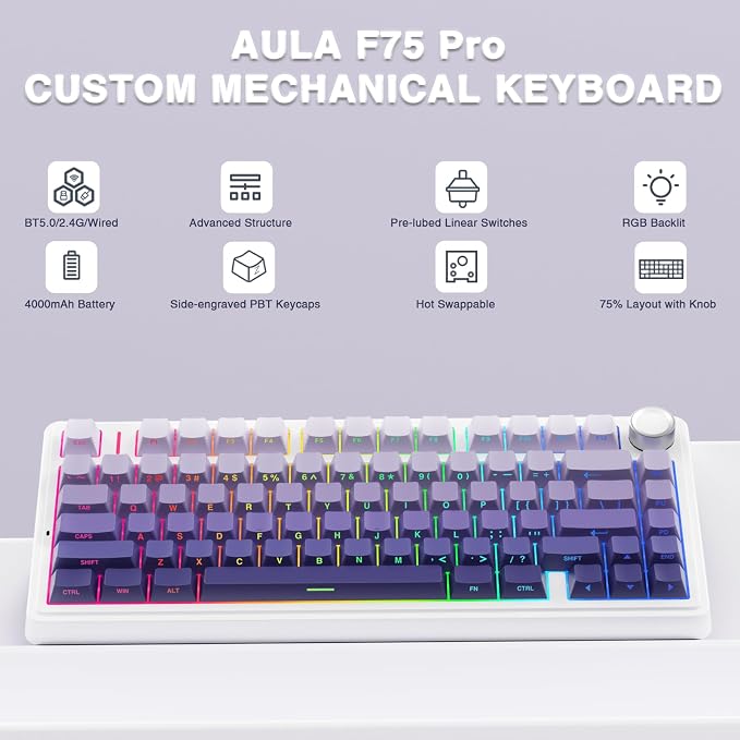 AULA F75 Pro Wireless Mechanical Keyboard,75% Hot Swappable Custom Keyboard,RGB Backlit,Pre-lubed Linear Switches,Side Printed PBT Keycaps Mechanical Gaming Keyboards,Gradient Purple - Image 2