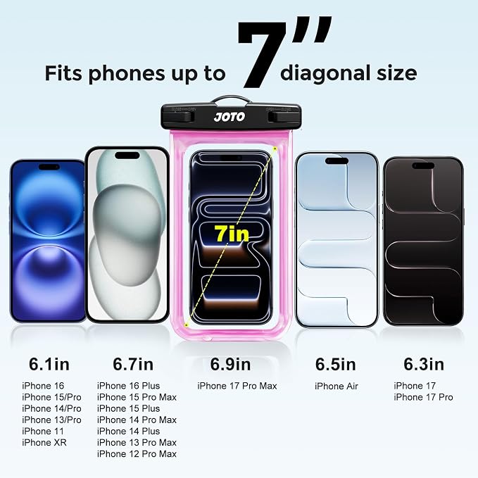 JOTO Up to 7" Universal Waterproof Phone Case for iPhone 17 Air 16 15 14 13 12 11 Plus Pro Max, IPX8 Cellphone Dry Bag XR X SE, Galaxy S23 S22 S21 S20+ S20 S10 Plus Note, Pixel -Pink - Image 4
