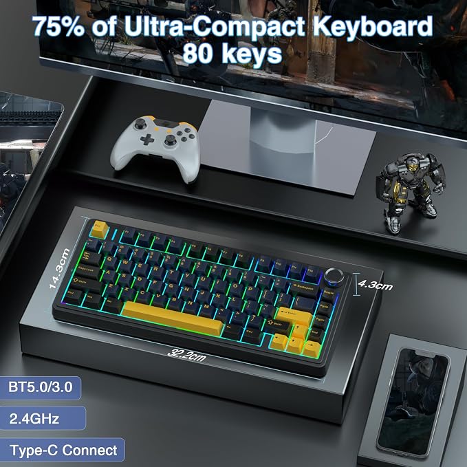 AULA F75 75% Wireless Mechanical Keyboard, Hot Swappable Creamy Keyboard, Pre-lubed Greywood Switches RGB Backlit Gaming Keyboards, 2.4GHz/Type-C/BT5.0(Cool Black) - Image 2