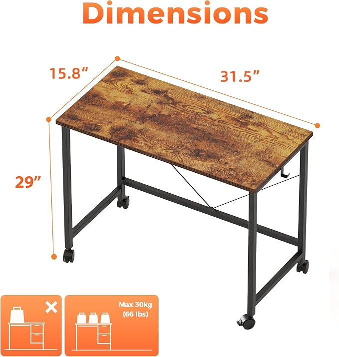 Mericonia 32x16 Inch Computer Desk with Wheels, Small Simple Rolling Desk | Writing Table for Home Office Bedroom Work Study, Brown - Image 2
