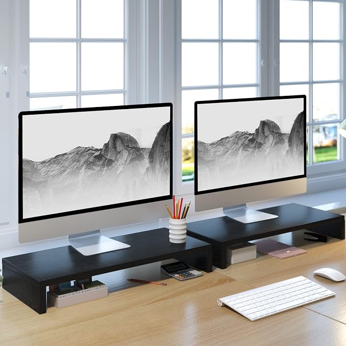 TEAMIX 2 Pack Monitor Stand Riser-20 inch, Black Desktop Stand for PC/TV/Laptop/Printer, Keyboard Shelf Organizer Wood Monitor Riser with Storage - Image 2