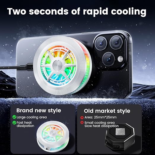 Phone Cooler, LOCZAR Magnetic Fan Small USB Fan for Gaming with Removable Grip, Semiconductor Cooling RGB Cellphone Radiator for Cell iPhone Ipad (ICE S2-White) - Image 3