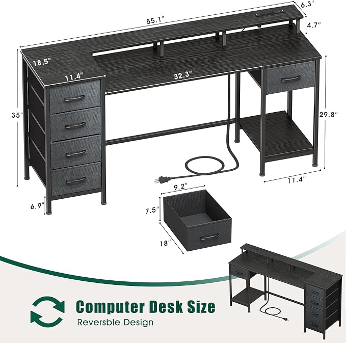 Korfile 55 Inch Gaming Computer Desk with Power Outlets,LED,5 Drawers,Black | For gaming and working,built-in power outlets and LED lights,5 fabric storage drawers, fits 55-inch, monitor stand,,black - Image 3