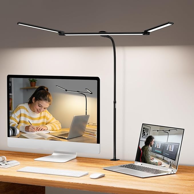 LED Desk Lamp for Home Office,3 Lamp Bars, 5 Color Temperatures & 10 Dimming Brightness, Flexible Neck, 15W USB Adapter Desk Light with Clamp for Reading, Study, Craft (Black) by BINNIWEN-LightYourLife