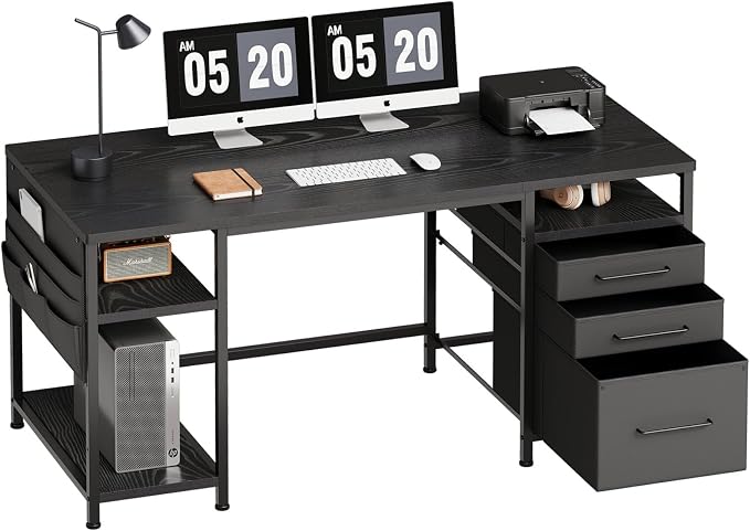Maihail Small Desk with Drawers, Office Desk with Storage Shelves, Black | 59 Inch Desktop, Metal Frame, 3 Fabric Drawers, Storage Shelves, Computer & Writing Desk, Office Gaming Workstation by Maihail
