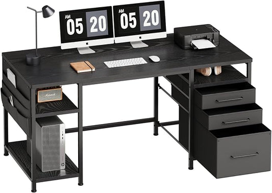 Maihail Small Desk with Drawers, Office Desk with Storage Shelves, Black | 59 Inch Desktop, Metal Frame, 3 Fabric Drawers, Storage Shelves, Computer & Writing Desk, Office Gaming Workstation by Maihail