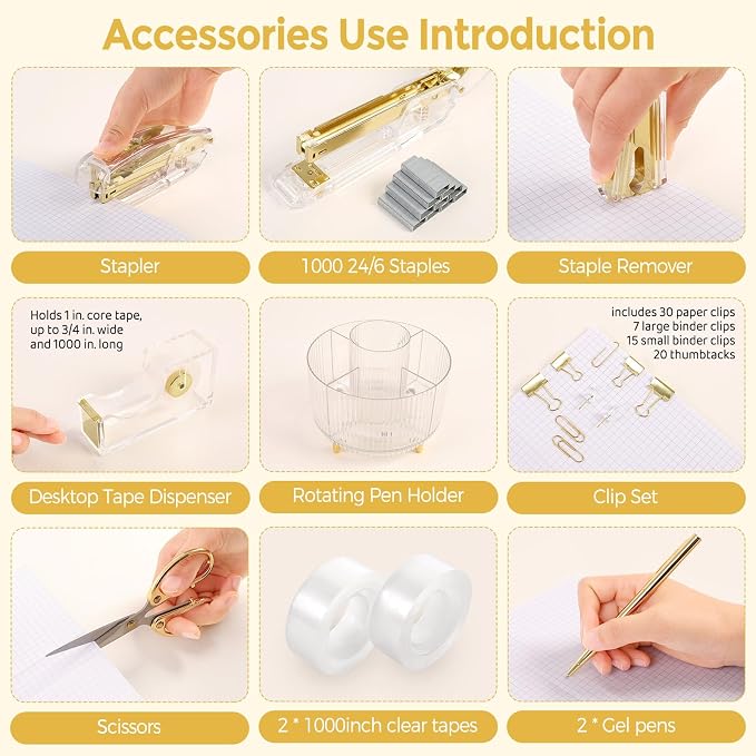 SKYDUE Gold Office Supplies Set, Pencil Holder for Desk,Gel Pen, Stapler, Tape Dispenser, Scissors,Clips and 1000pcs Staples, Office Decor for Women, Gold Desk Accessories - Image 7