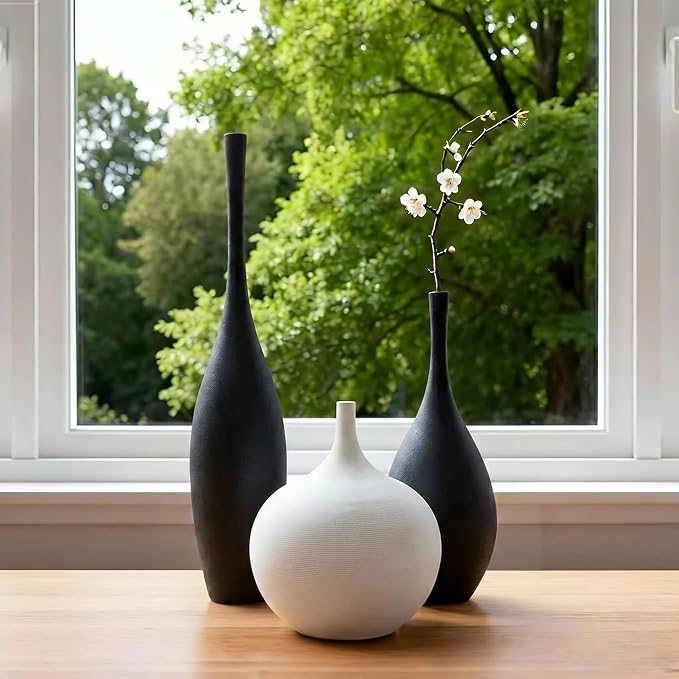 Relexome Black and White Ceramic Vase Modern Wabi-Sabi Flower Vase Set of 3 Decorative Aesthetic Vases for Centerpieces Matte Minimalist Vases for Living Room Table Shelf Home Decor Gift - Image 3