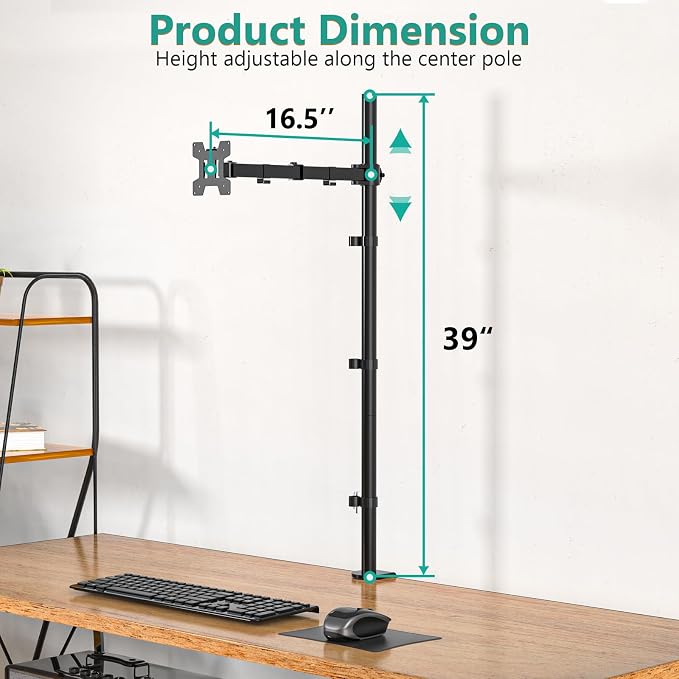 WALI Single Monitor Stand Desk Mount, Tall Monitor Stand Fully Adjustable with 39” Height Pole, Articulating Arm for Computer Screen up to 38 inch, 22lbs (M001XXL), Black - Image 4