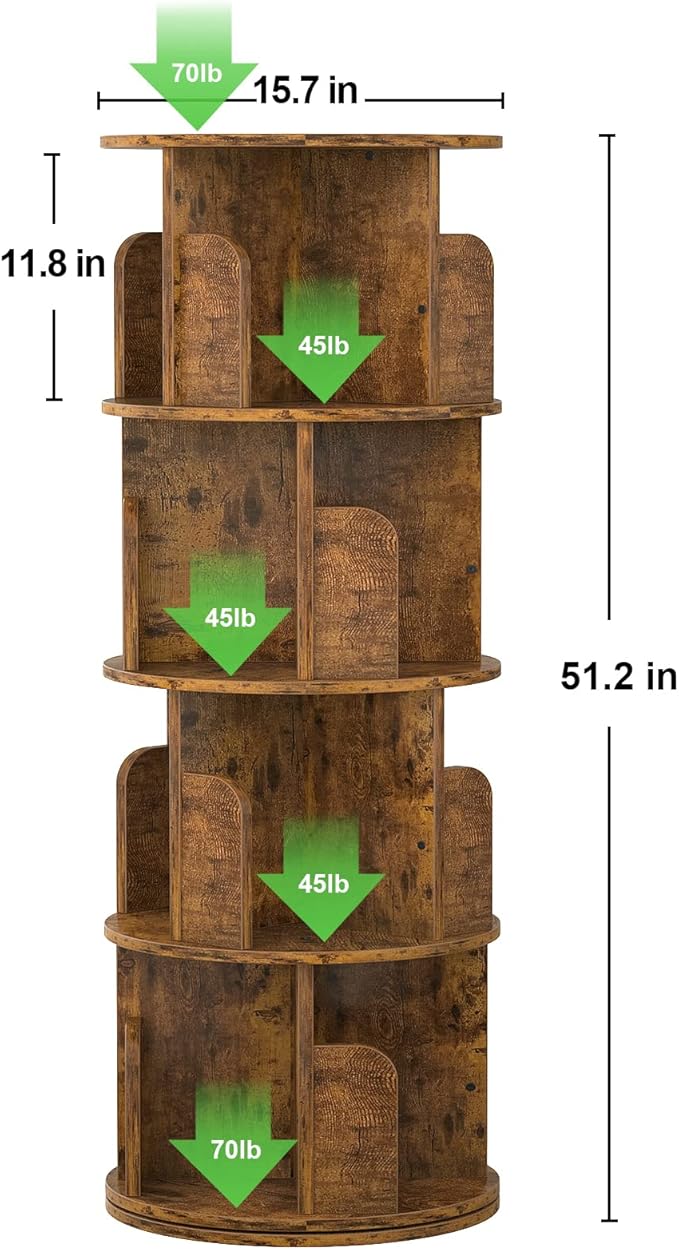 Aheaplus Rotating Bookshelf, Small Corner Bookshelf for Small Space, 360 Display 4 Tier Floor Standing Bookcase Storage Rack, Wood Narrow Book Shelf Organizer for Bedroom, Living Room, Rustic Brown - Image 3