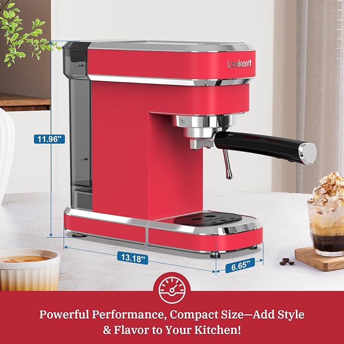 Espresso Machine 20 Bar, Professional Espresso Maker with Milk Frother Steam Wand, Compact Coffee Machine with Removable Water Tank for Cappuccino, Latte, Gift for Dad or Mom, Stainless Steel, Red - Image 2