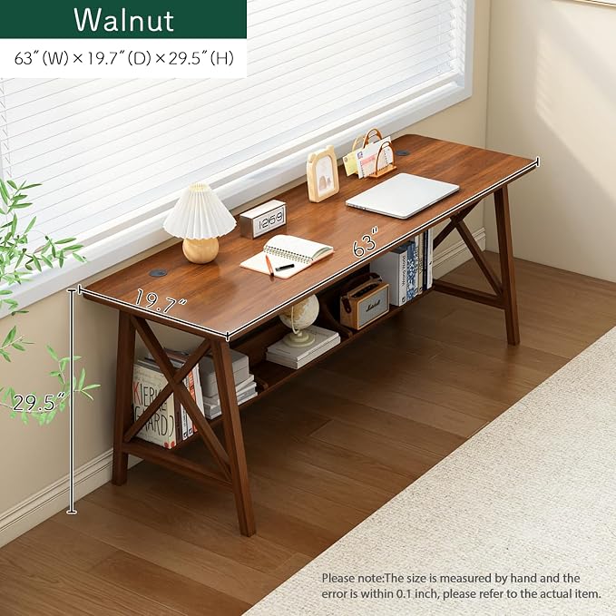 NELYE Extra Long Writing Desk with Bookshelf, 63" Wx20 Dx30 H, Walnut | Wooden Home Office Work Study Table, Computer Gaming Workstation with Storage Shelf, Sturdy MDF Resists Wobble - Image 5